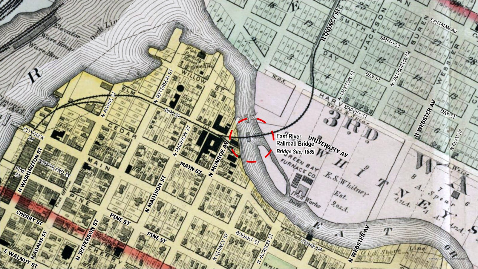 The railroad that used to cross the East River where Monroe Av & University Ave meet in downtown Green Bay.